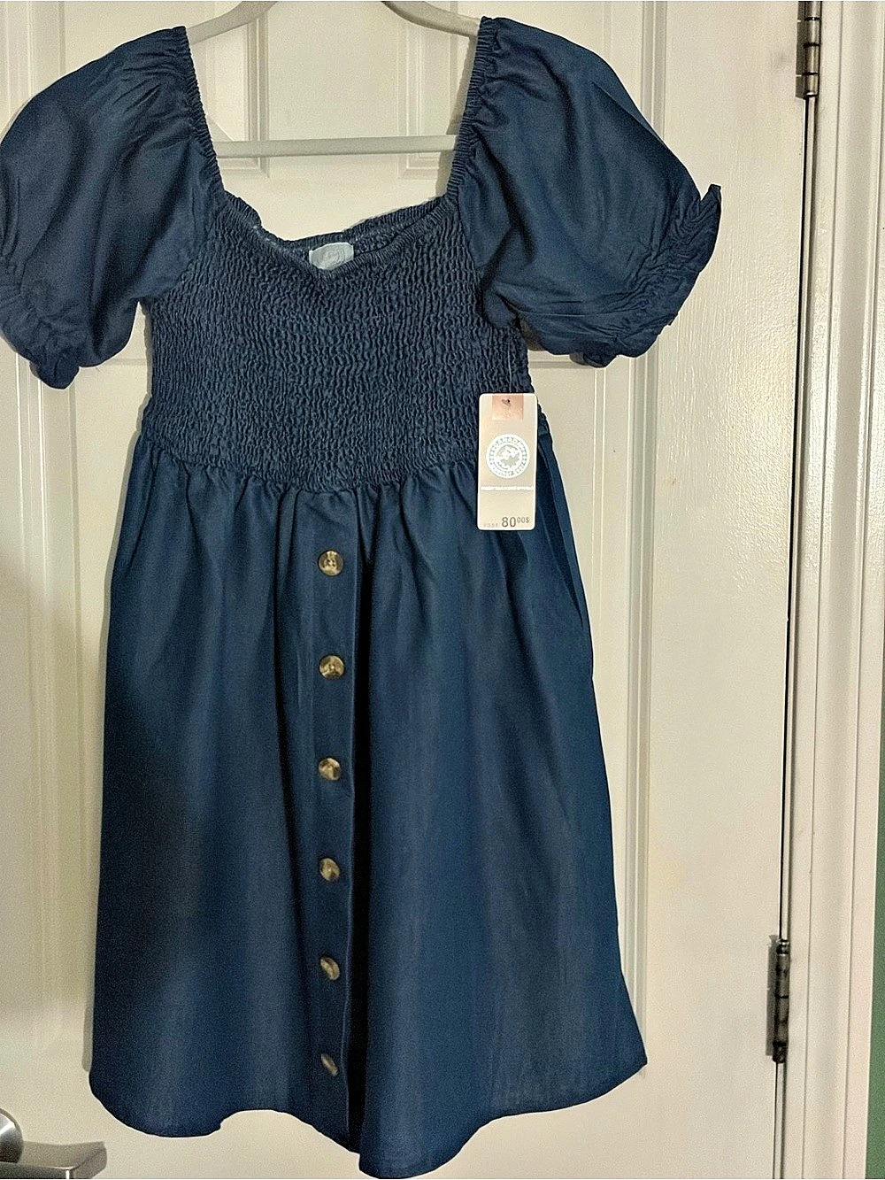 Garage Smocked Puff Sleeve Mini Dress Blue Medium NWT